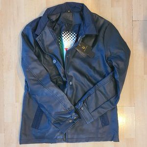 NWT Men's Navy Faux Leather Mid Length Buttoned Jacket